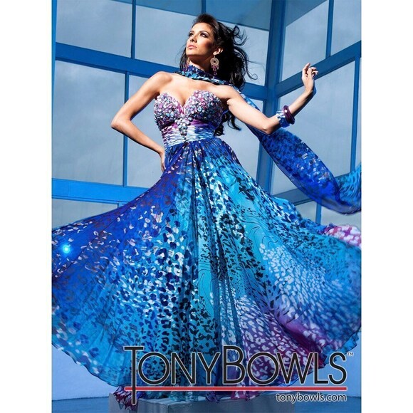 Tony Bowls Evenings Leopard Print Chiffon Gown TBE11220A Blue Multi - Picture 1 of 8
